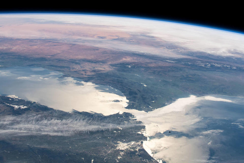 The Mediterranean sea connected to the Atlantic by the Strait of Gibraltar from space