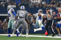 <p>Dallas Cowboys quarterback Dak Prescott (4) is hit while running with the ball during the game between the Detroit Lions and Dallas Cowboys on September 30, 2018 at AT&T Stadium in Arlington, TX. (Photo by Andrew Dieb/Icon Sportswire via Getty Images) </p>