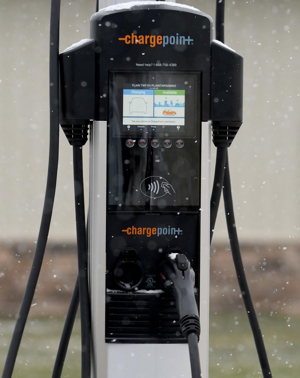 A closeup look at Plain Township's new electric vehicle charging station.