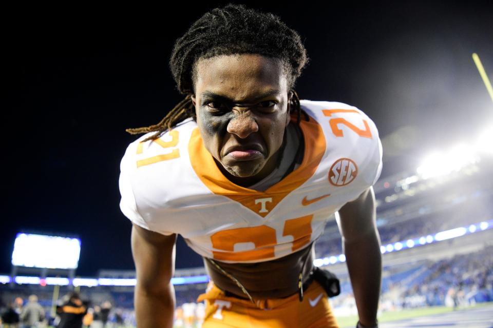 Tennessee running back Dee Beckwith (21) celebrates after Tennessee defeated Kentucky 45-42 at Kroger Field in Lexington, Ky. on Saturday, Nov. 6, 2021.
