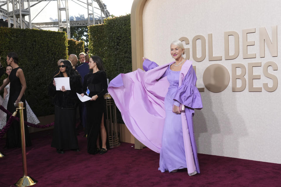 Helen Mirren arrives at the 81st Golden Globe Awards on Sunday, Jan. 7, 2024, at the Beverly Hilton in Beverly Hills, Calif. (Photo by Jordan Strauss/Invision/AP)