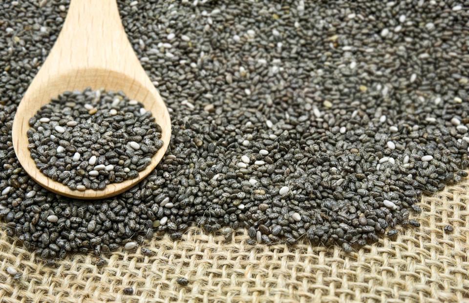 close up of chia seeds in spoon and table