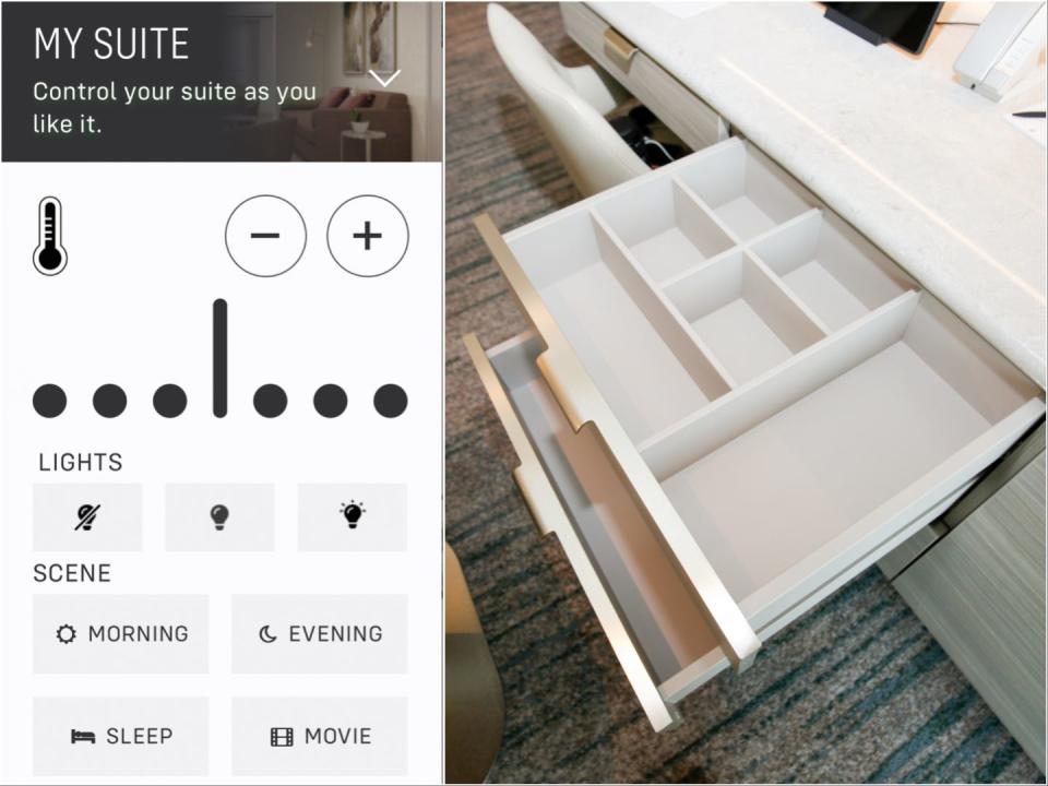 composite of screenshot of suite controls and desk organizer in deluxe veranda suite on Silversea Silver Ray with