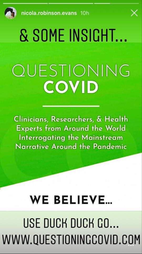 Nicola posted this to her Instagram Stories, promoting a website that claims COVID-19 is part of a grand global conspiracy. Picture: Instagram