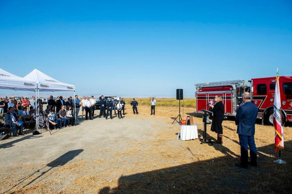 A ceremony is held to dedicate a section of Highway 140 near Gustine, the Paul Vincent Rotondaro Memorial Highway in Merced County, Calif., on Monday, Sept. 18, 2023. Cal Fire Capt. Paul Rotondaro was killed in a head-on traffic collision while on duty with Cal Fire in Merced County on Oct. 2, 2019.