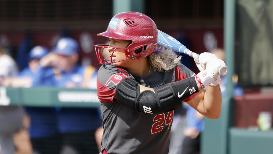 Oklahoma's Jayda Coleman during an NCAA softball game on Friday, May 19, 2023, in Norman, Okla. (AP Photo/Garett Fisbeck)