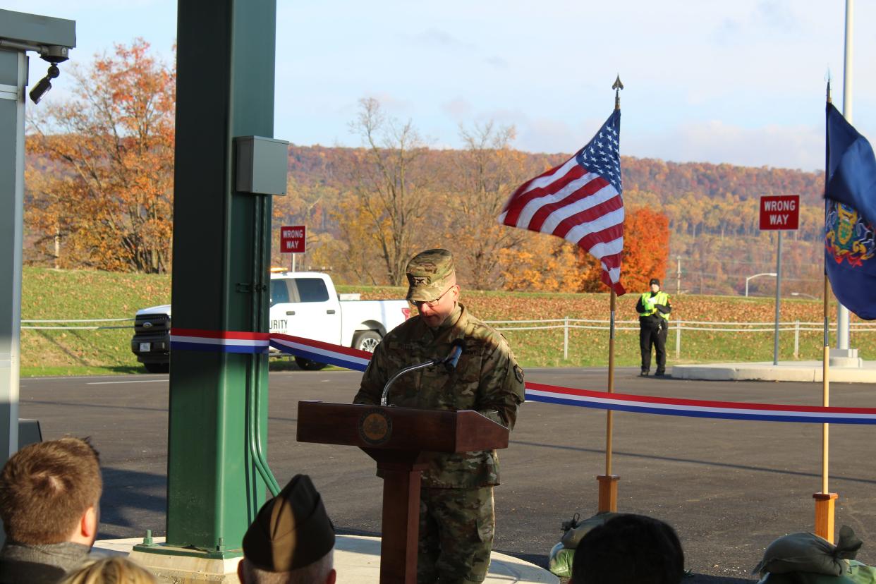 Fort Indiantown Gap Garrison Commander Col. Kevin Potts gave a speech on the importance of the main access control point during the dedication ceremony.