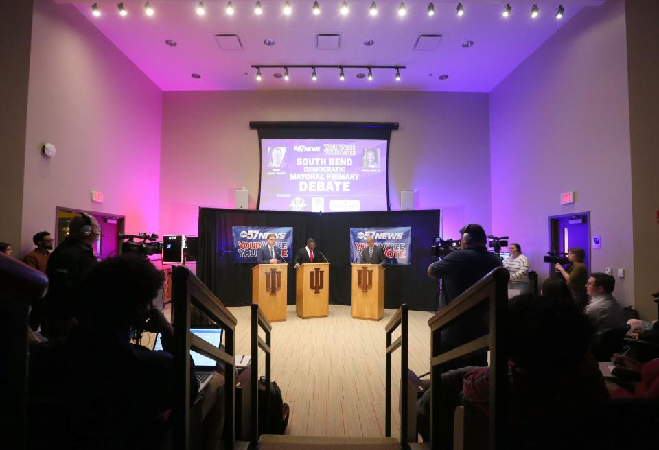 A full auditorium watches Wednesday, March 15, 2023, at the Democratic South Bend mayoral debate at Indiana University South Bend.