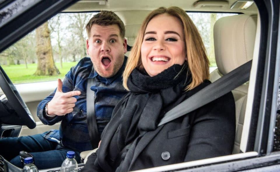 James Corden and Adele. Picture: Getty Images