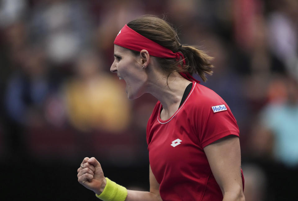 Belgium's Greet Minnen celebrates a point during the third set of her victory against Canada's Katherine Sebov during a Billie Jean King Cup tennis qualifier singles match Saturday, April 15, 2023, in Vancouver, British Columbia. (Darryl Dyck/The Canadian Press via AP)