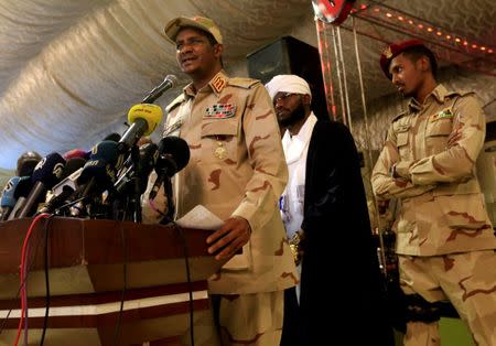 General Mohamed Hamdan Dagalo, head of the Rapid Support Forces (RSF) and deputy head of the Transitional Military Council (TMC) delivers an address after the Ramadan prayers and Iftar organized by Sultan of Darfur Ahmed Hussain in Khartoum, Sudan May 18, 2019. REUTERS/Mohamed Nureldin Abdallah/Files