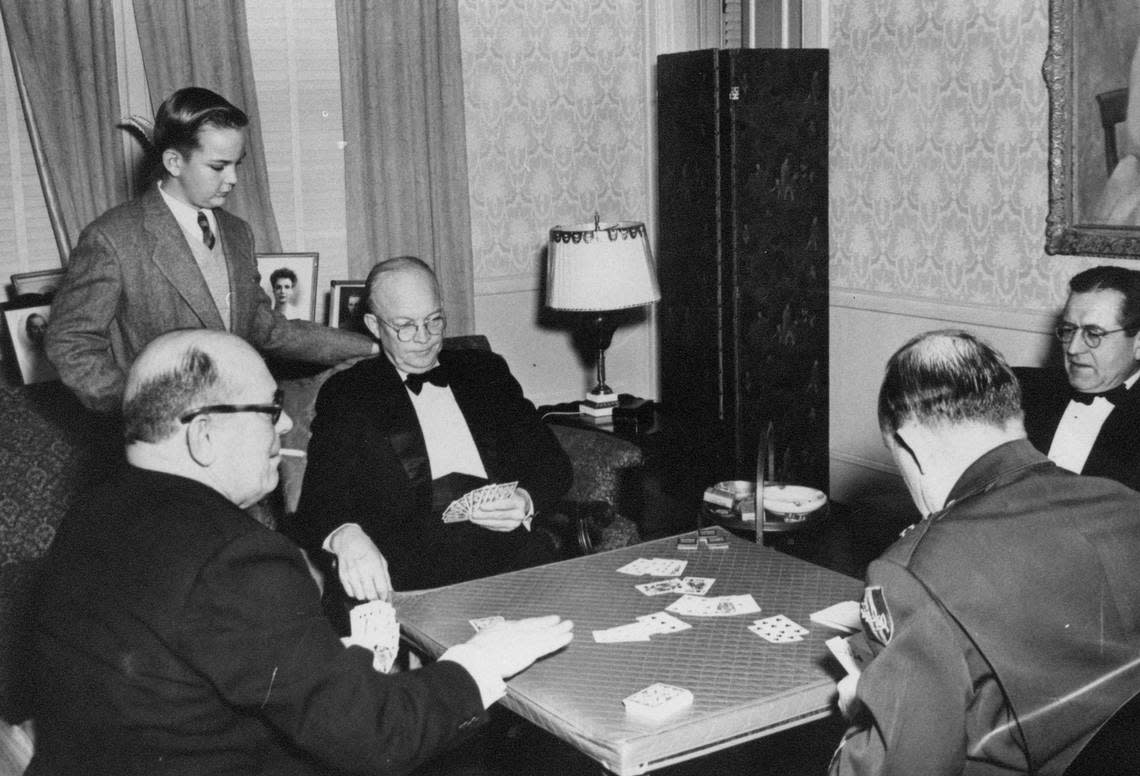 One of Dwight D. Eisenhower’s favorite pastimes was playing bridge. Here he’s playing sometime after World War II, around 1946-48, in Fort Myer, Virginia. The man from Abilene, Kansas, continued playing after he was elected president in 1952.