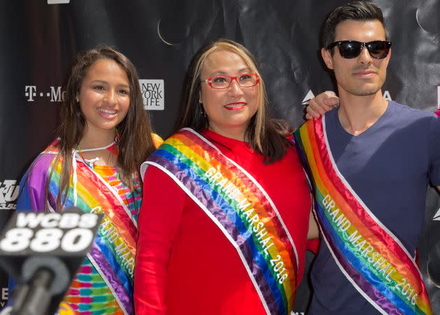Grand marshals Jazz Jennings, Cecilia Chung and Subhi Nahas attend a press conference at the 46th annual Pride parade to celebrate gay, lesbian and transgender community in New York City. (Photo: Pacific Press via Getty Images)