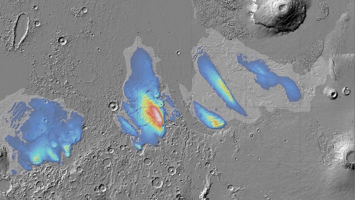  A black-and-white map of mars with blue sections denoting where water ice has been detected. 