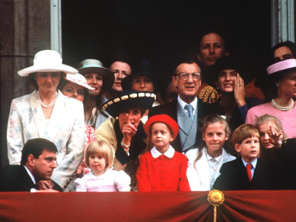 Princess Diana speaking to Leonora Knatchbull on the balcony at Buckingham Palace during Trooping the Colour in 1991.