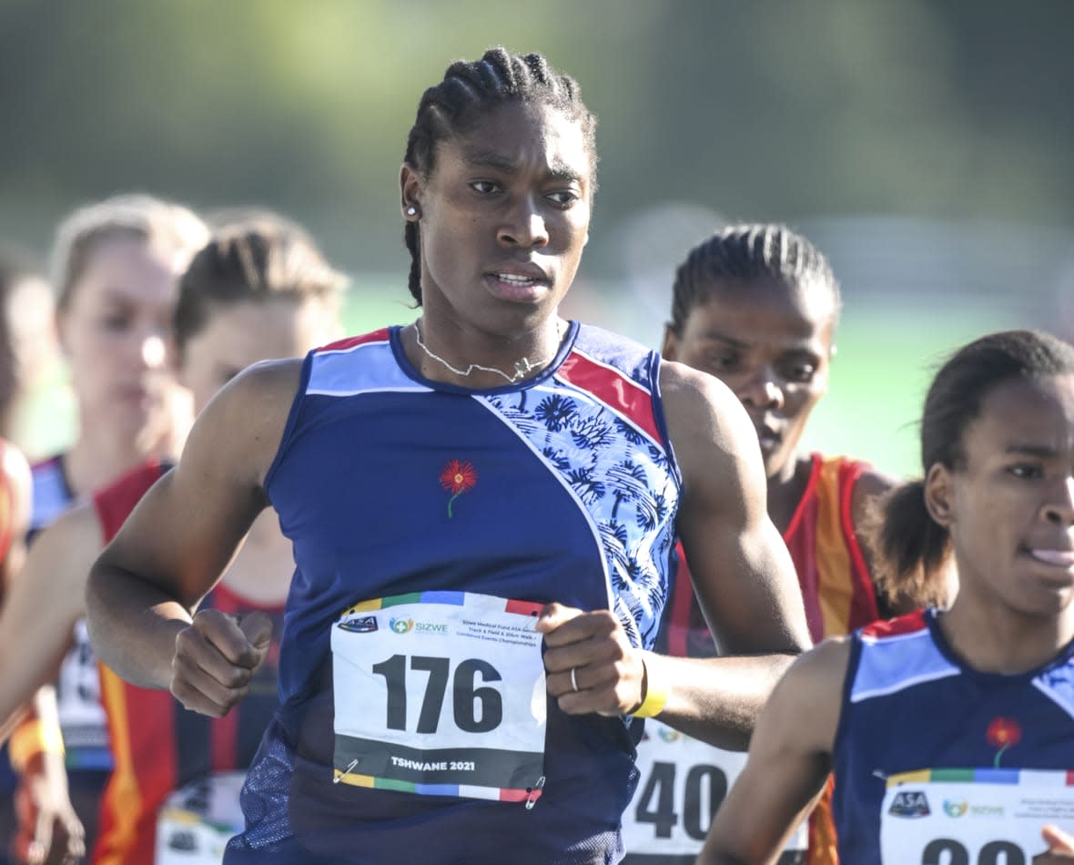 South African long distance athlete Caster Semenya on her way to winning the 5,000 meters at the South African national championships in Pretoria, South Africa, Thursday, April 15, 2021. (AP Photo/Christiaan Kotze, File)