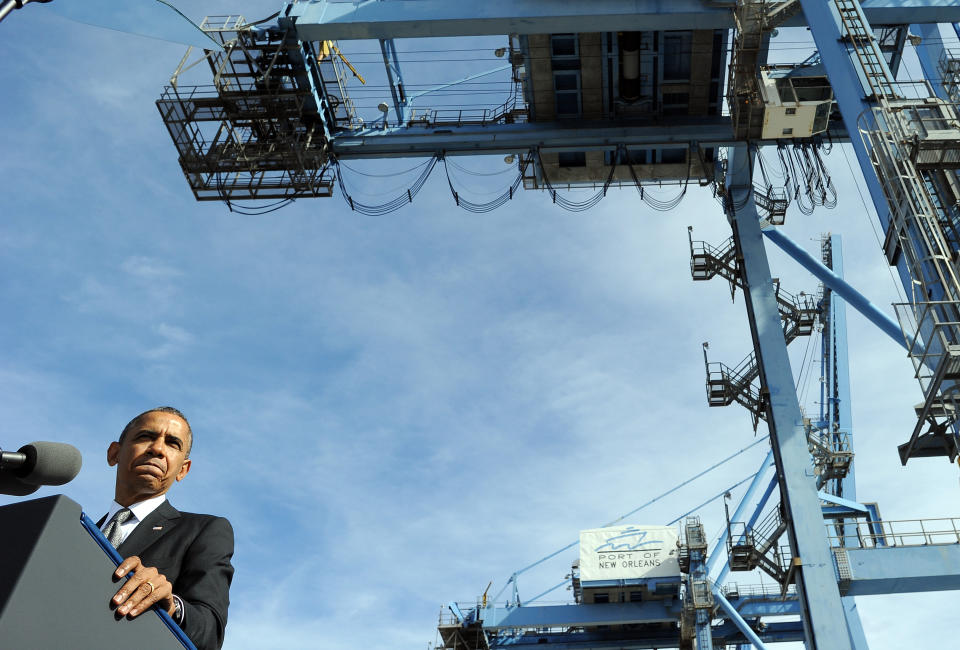 President Barack Obama speaks at the Port of New Orleans, Louisiana, on November 8, 2013. Obama arrived in New Orleans to discuss the importance of taking measures to grow the economy and create jobs by increasing U.S. exports.