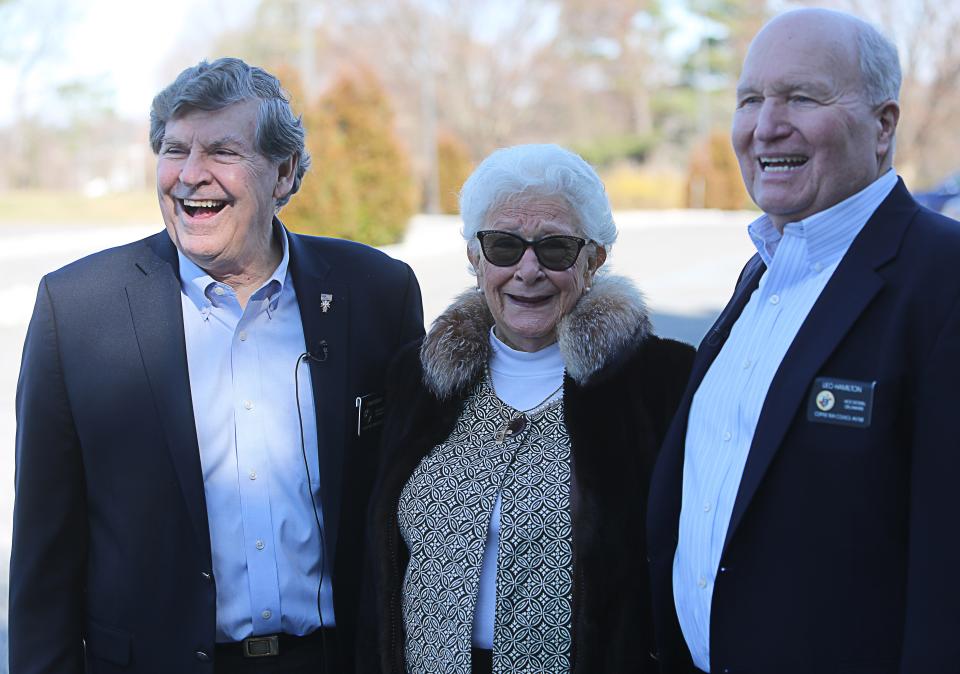 Jacqueline Del Campo, center, had a cardiac emergency before mass at St. Mary of the Assumption Church in Hockessin, Delaware, in October last year. Church ushers Tom Green, left, and Leo Hamilton, right, helped save her life.