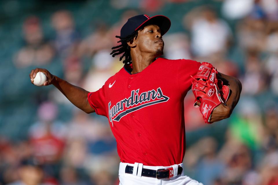 Cleveland Guardians starting pitcher Triston McKenzie throws against the Minnesota Twins during the first inning of a baseball game Monday, June 27, 2022, in Cleveland. (AP Photo/Ron Schwane)