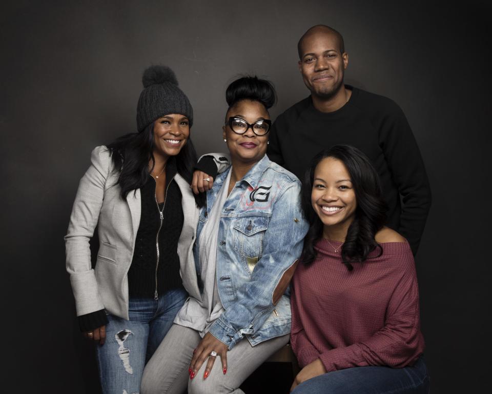 Actress Nia Long, from left, Roxanne Shante, director Michael Larnell and Chante Adams pose for a portrait to promote the film, "Roxanne Roxanne", at the Music Lodge during the Sundance Film Festival on Saturday, Jan. 21, 2017, in Park City, Utah. (Photo by Taylor Jewell/Invision/AP)