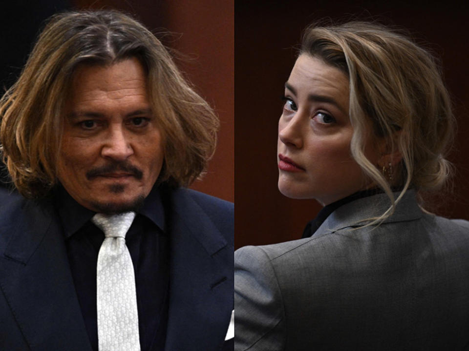 Johnny Depp and Amber Heard in Virginia's Fairfax County Circuit Court on April 12, 2022 for their defamation trial.