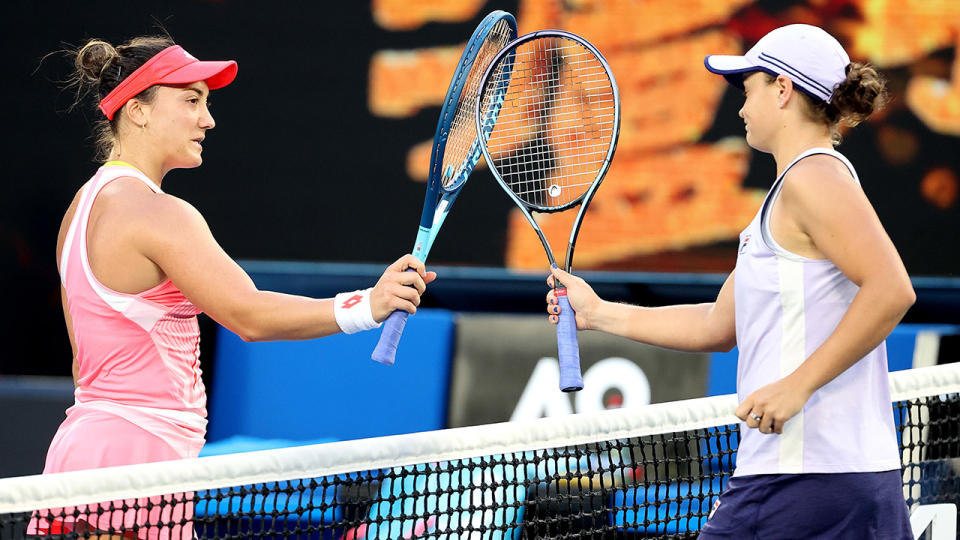 Ash Barty and Danka Kovinic, pictured here after their Australian Open clash.