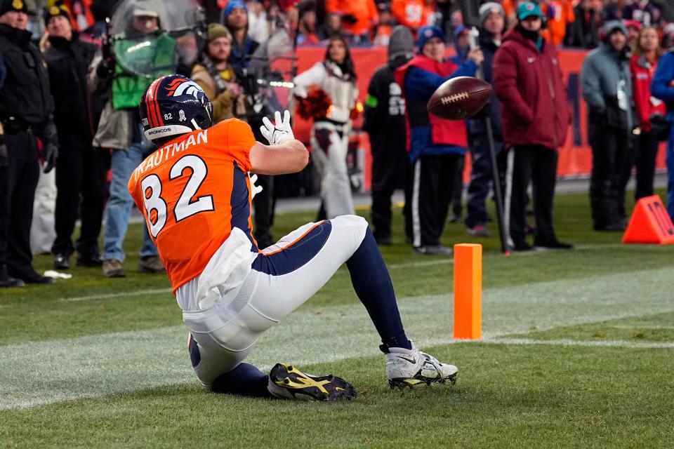 Denver Broncos tight end Adam Trautman catches a touchdown pass against the Cleveland Browns on Sunday in Denver.