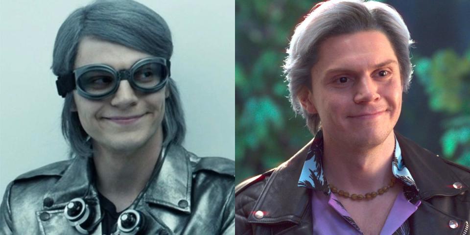 On the left: Evan Peters as Peter Maximoff/Quicksilver in "X-Men: Days of Future Past." On the right: Peters as Ralph Bohner on "WandaVision."