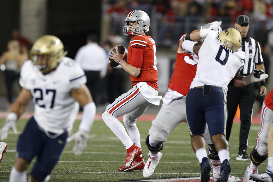 Ohio State quarterback Kyle McCord drops back to pass against Akron during the first half of an NCAA college football game Saturday, Sept. 25, 2021, in Columbus, Ohio. (AP Photo/Jay LaPrete)