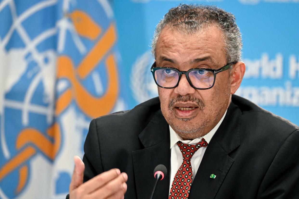 World Health Organization (WHO) chief Tedros Adhanom Ghebreyesus speaks during a press conference on the World Health Organization's 75th anniversary in Geneva, on April 6, 2023. (Photo by Fabrice COFFRINI / AFP) (Photo by FABRICE COFFRINI/AFP via Getty Images)