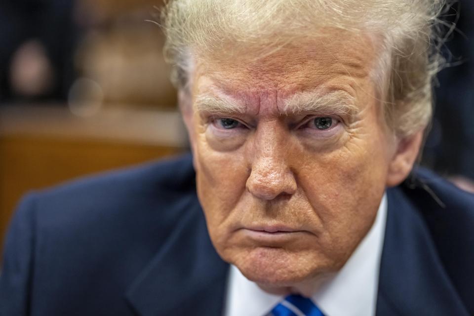 Former President Donald Trump sits in Manhattan Criminal Court in New York on Monday, May 13, 2024. (Mark Peterson/New York Magazine via AP, Pool)