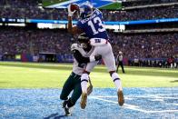 <p>Odell Beckham Jr. #13 of the New York Giants catches a touchdown pass thrown by Eli Manning #10 against the Philadelphia Eagles during the second quarter of the game at MetLife Stadium on November 6, 2016 in East Rutherford, New Jersey. (Photo by Al Bello/Getty Images) </p>