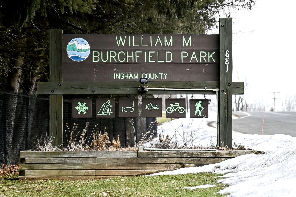 The entrance to Burchfield Park on Tuesday, March 2, 2022, in Holt.