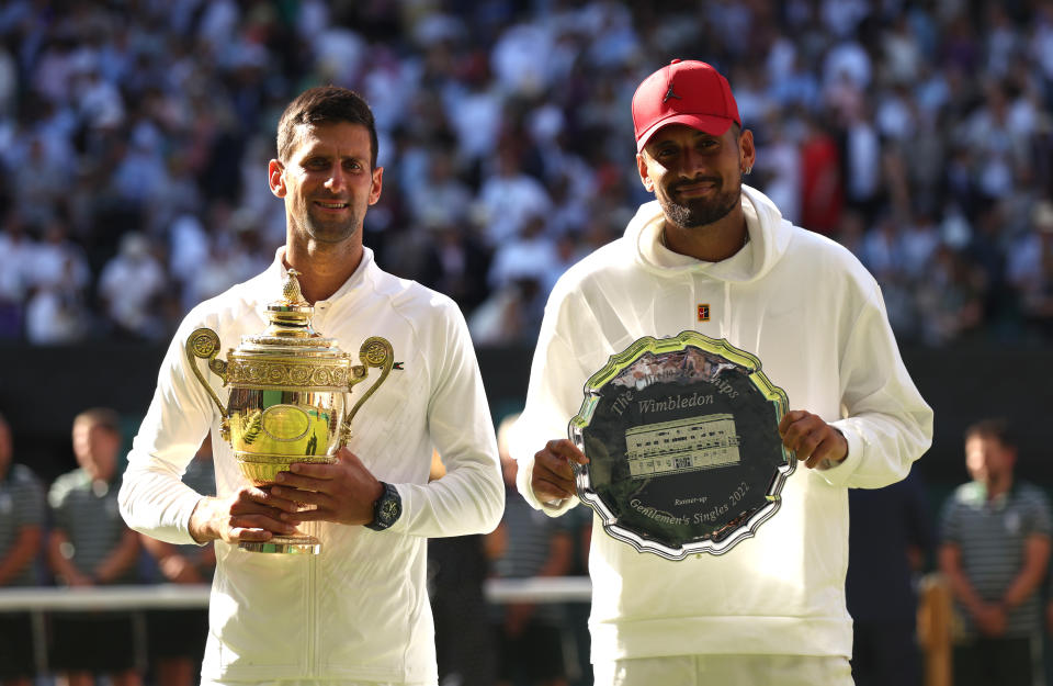 Novak Djokovic and Nick Kyrgios, pictured here with their trophies after the Wimbledon final.