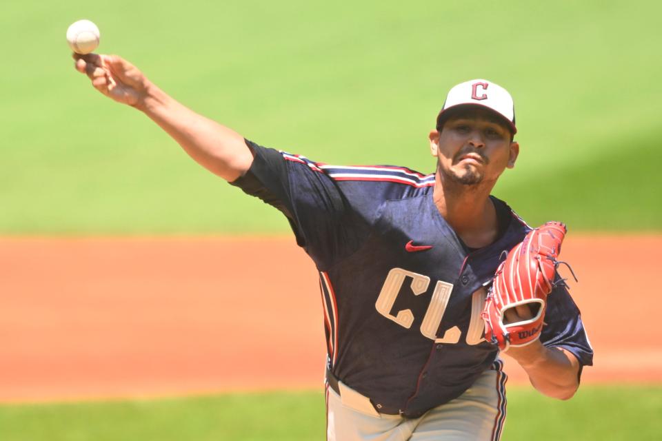 Jul 7, 2024; Cleveland, Ohio, USA; Cleveland Guardians starting pitcher Carlos Carrasco (59) delivers a pitch in the first inning against the San Francisco Giants at Progressive Field. Mandatory Credit: David Richard-USA TODAY Sports