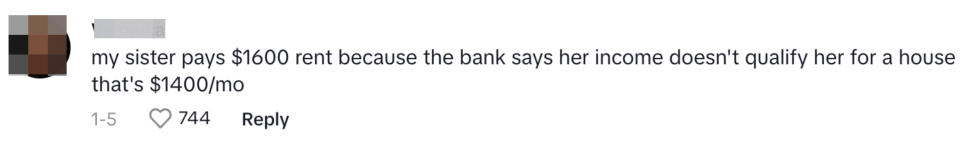 Tweet mentioning someone's sister paying $1600 rent as her income doesn't qualify for a house loan