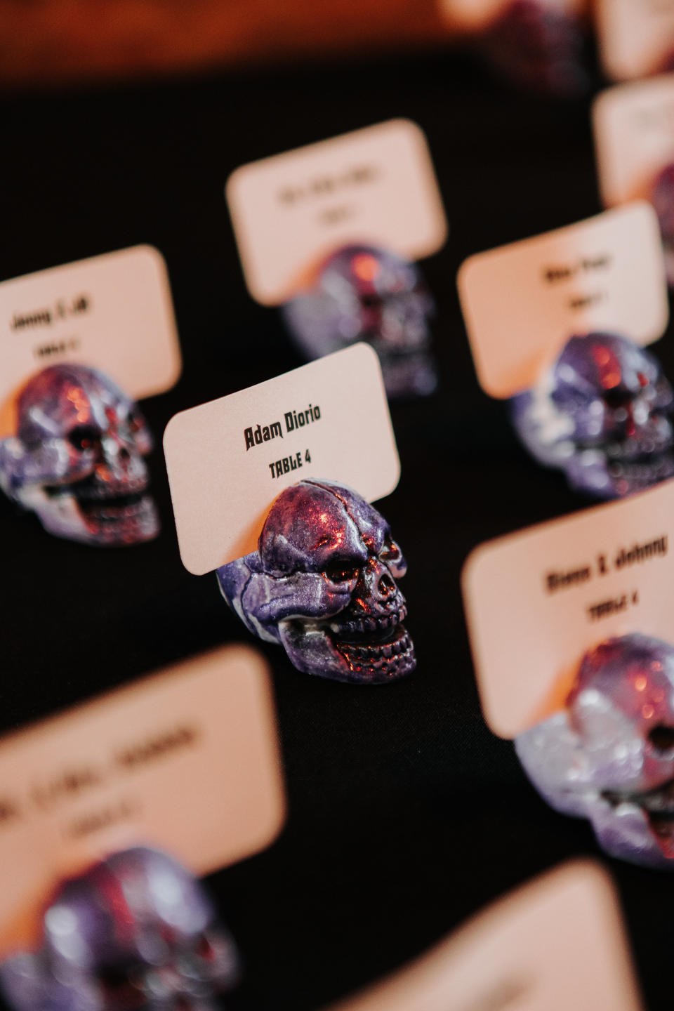 They&nbsp;opted for skull place cards for the October wedding, but the bride&nbsp;said she likes to keep those Halloween vibes going all year long.