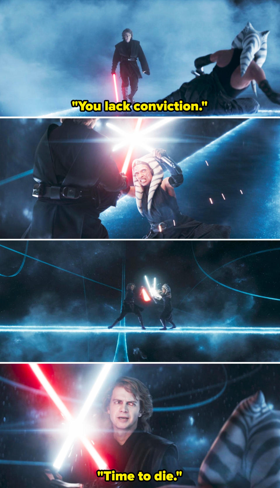 as they fight with lightsabers he tells her that it's time to die