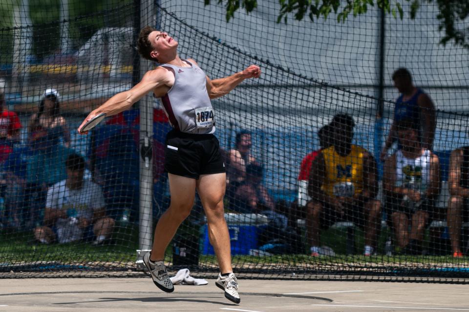 Chilicothe's David Russell throws the discus at last season's IHSA Class 2A state championships at Eastern Illinois University. Russell won the 2022 event on Saturday.