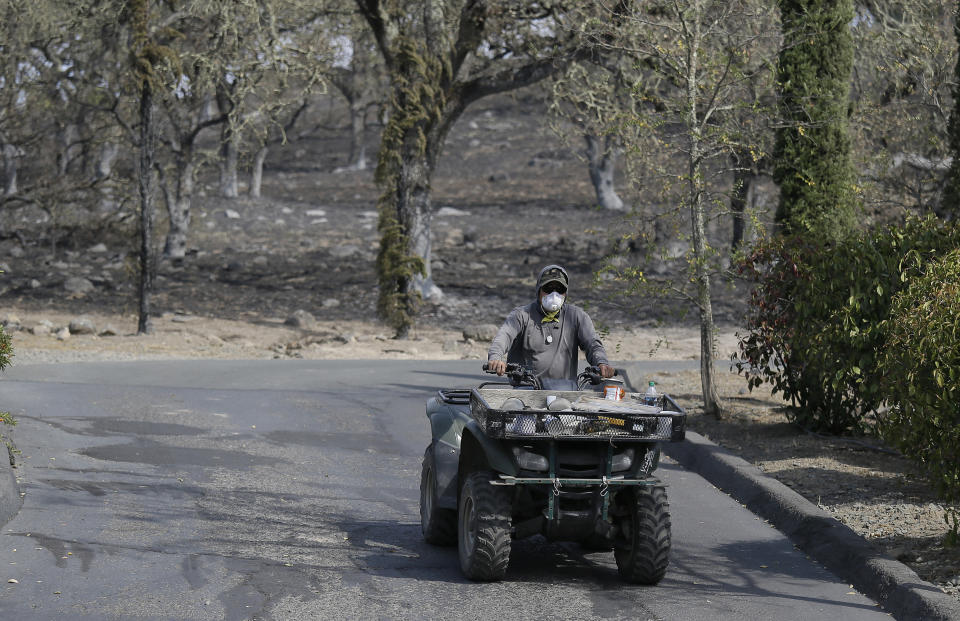 FILE - In this Oct. 16, 2017, file photo a vineyard worker rides an ATV to make a repair on a wildfire-burned irrigation pipe at Signorello Estate winery in Napa, Calif. Wildfire has been cruel to Northern California wine country lately. Major fires during three of the past four years have charred vineyards, burned down a historic winery and sent plumes of smoke above the neatly tended rows of vines that roll across the scenic hills. (AP Photo/Eric Risberg, File)