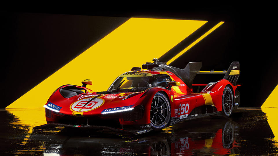 A front 3/4 view of the Ferrari 499 Le Mans Hypercar