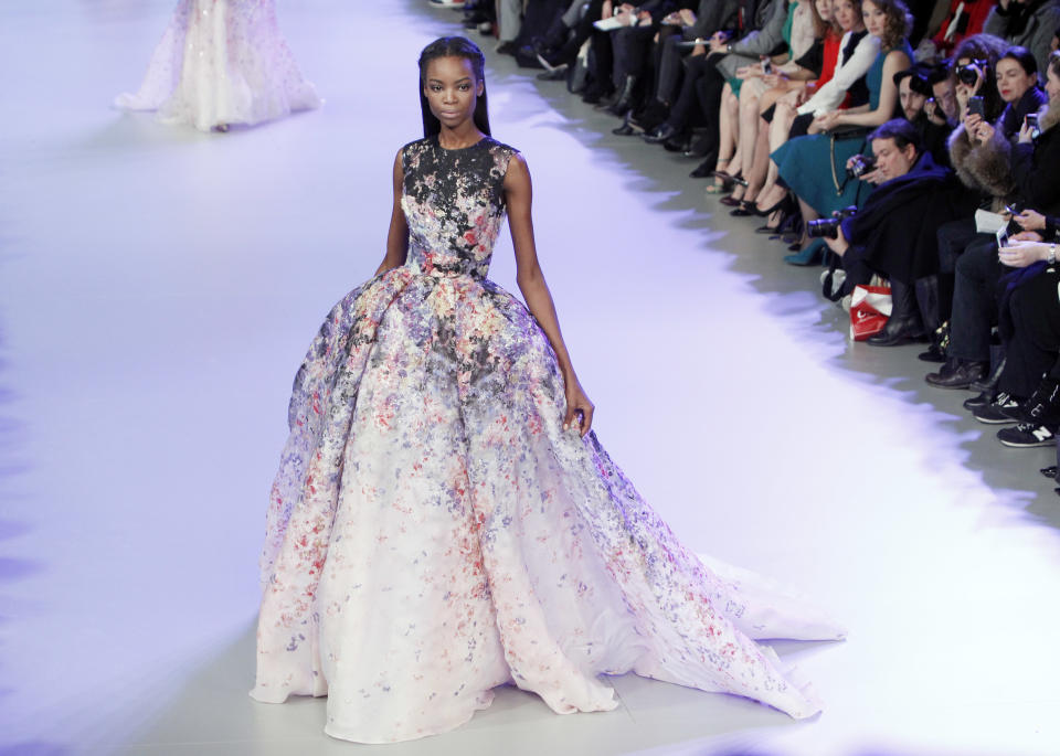 A model wears a creation during Elie Saab's Spring-Summer 2014 Haute Couture fashion collection presentation, in Paris, Wednesday, Jan.22, 2014. (AP Photo/Thibault Camus)