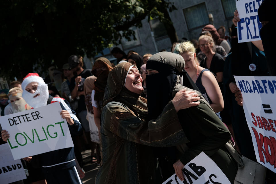 Thousands of people protest in Aarhus, Denmark, on August 1, 2018 in defiance of the Danish Governments ban on the burka and niqab.