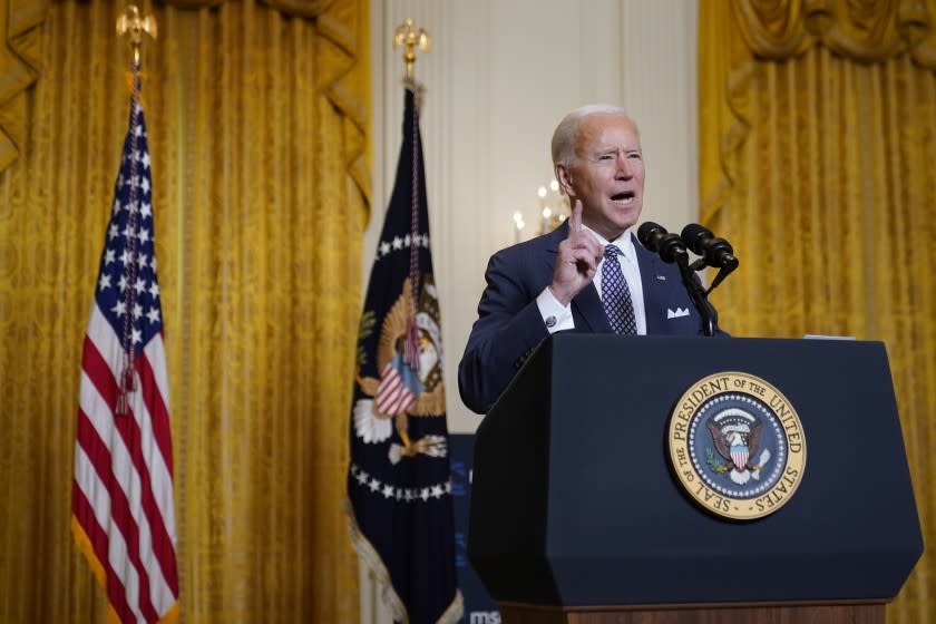 President Joe Biden speaks during a virtual event with the Munich Security Conference in the East Room of the White House, Friday, Feb. 19, 2021, in Washington. (AP Photo/Patrick Semansky)