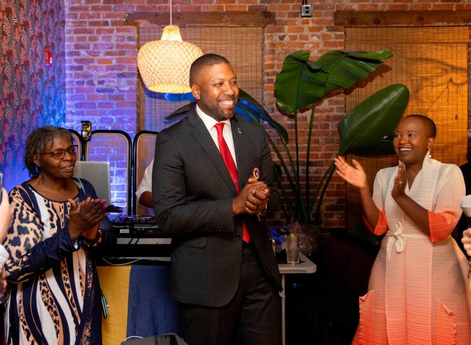 Durham mayoral candidate Leonardo Williams stands with family as he thanks supporters at The Velvet Hippo on election night, Tuesday, Nov. 7, 2023, in Durham, N.C.