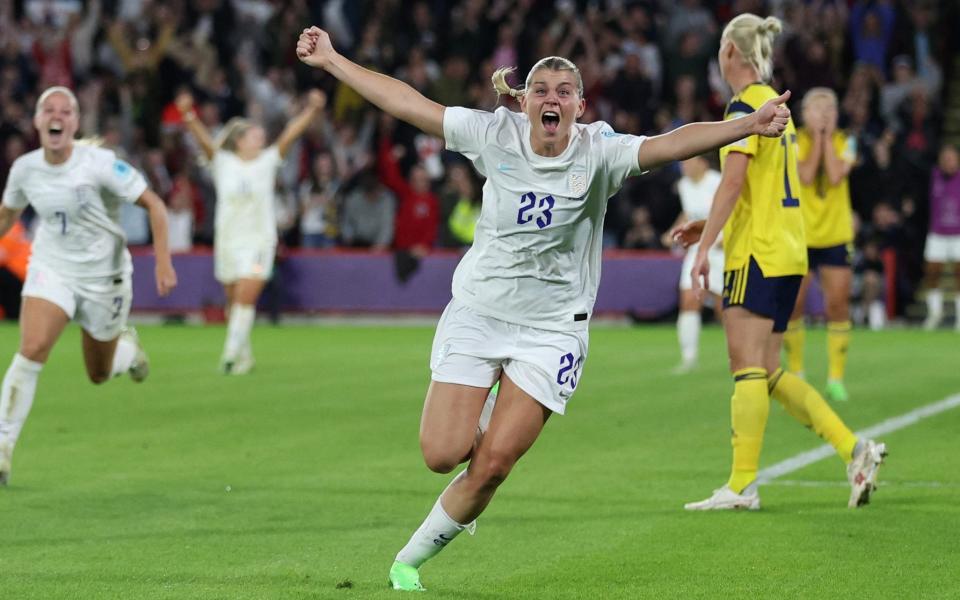 England's Alessia Russo celebrates scoring their third goal - Manchester United set to reject Arsenal's world-record Alessia Russo - Carl Recine/Reuters