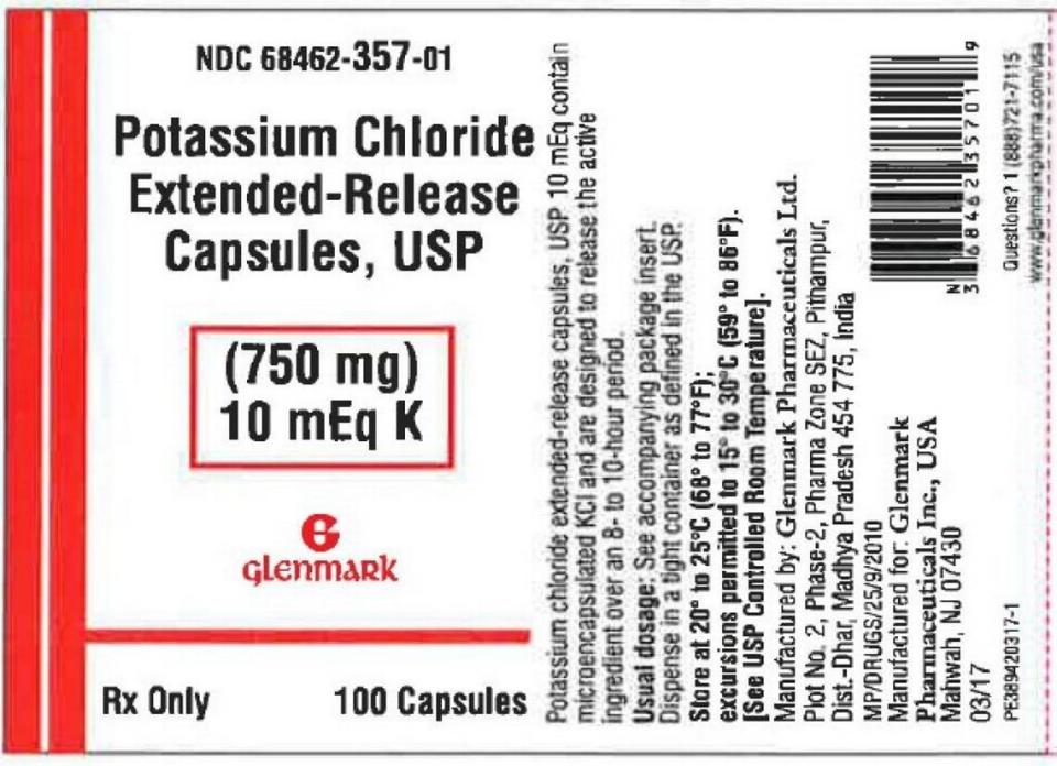 La empresa Glenmark Laboratories ordenó la recogida de 114 lotes de capsulas de 750 mg de cloruro de potasio en frascos de 100 (número de NDC 68462-357-01) y en frascos de 500 (número de NDC 68462-357-05).