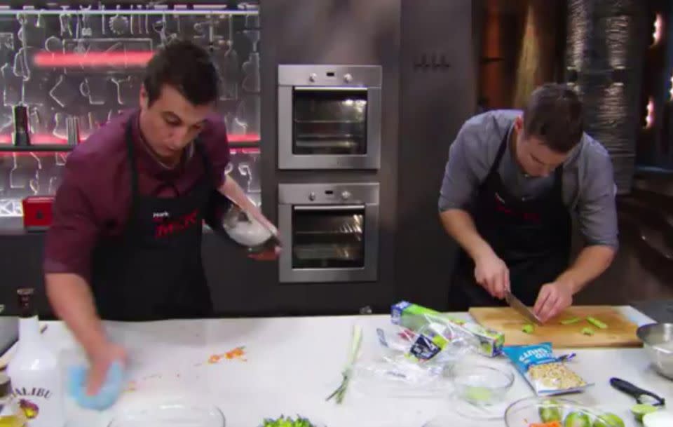 Mark and Chris were shown the door at the end of Monday night's episode of My Kitchen Rules. Source: Channel Seven