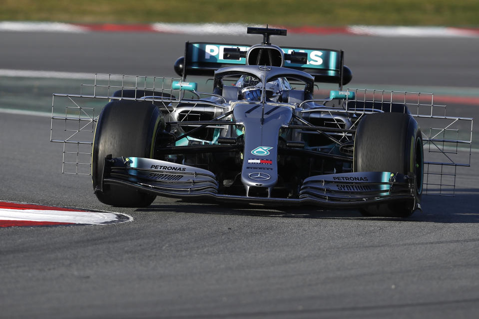 Mercedes driver Valtteri Bottas of Finland steers his car during a Formula One pre-season testing session at the Barcelona Catalunya racetrack in Montmelo, outside Barcelona, Spain, Monday, Feb.18, 2019. (AP Photo/Manu Fernandez)