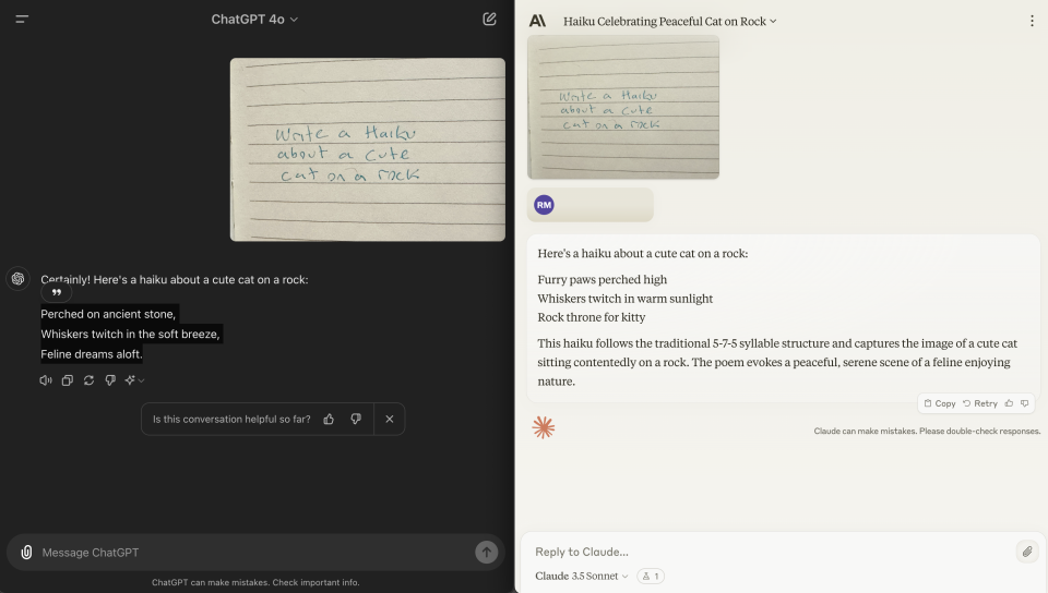 ChatGPT (left) and Claude (right) responses to a handwriting query